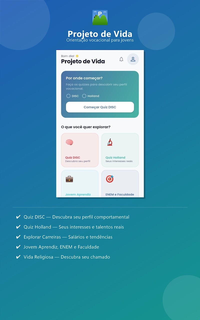 Tela inicial do Projeto de Vida com os quizzes DISC e Holland