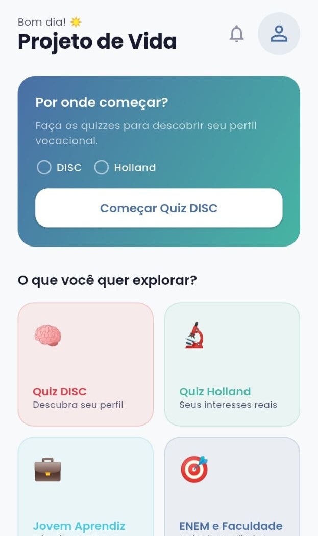 Tela do Projeto de Vida