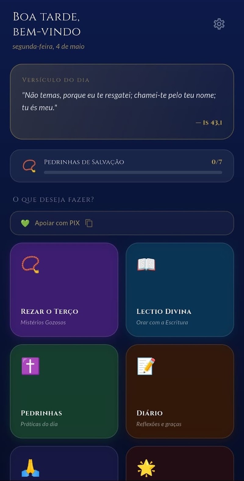 Tela inicial do Rosa a Maria com versículo do dia e práticas